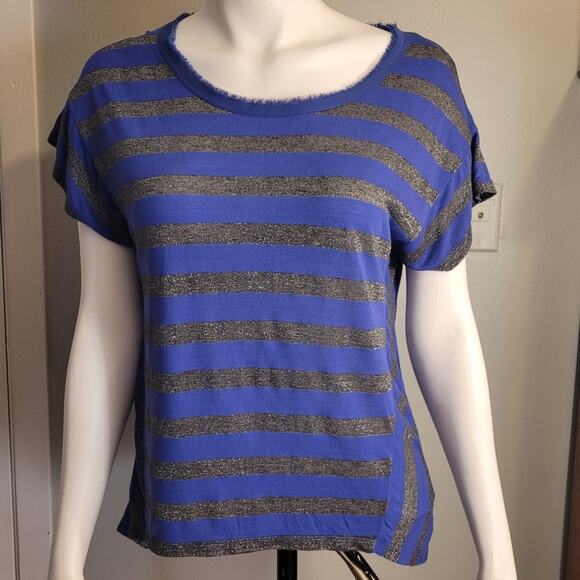 Calvin Klein Blue & Silver Striped Fringe Collar Tee Medium Fairycore Metallic - Picture 1 of 10
